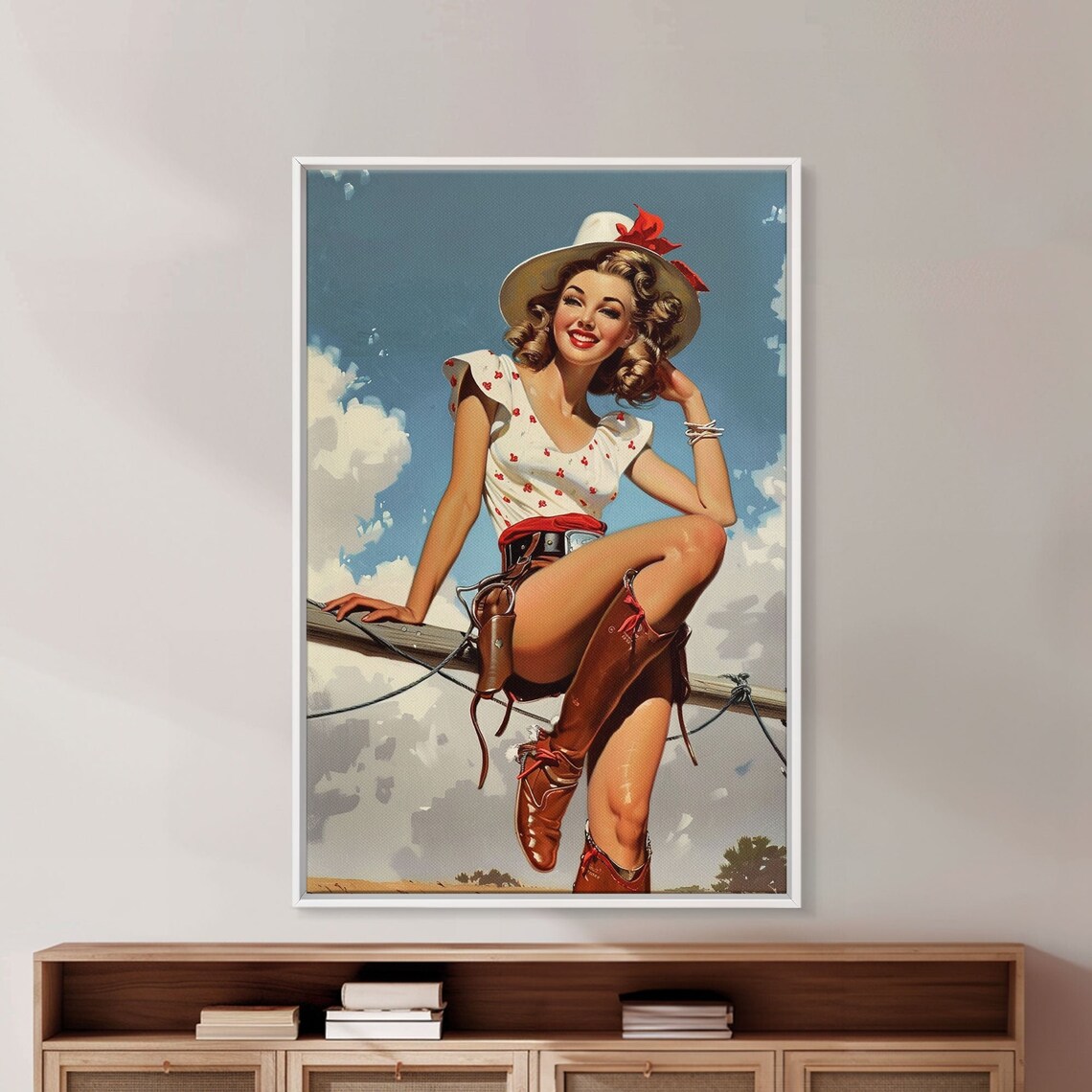 Vintage Cowgirl Pin Up Cowboy Hat Fence Blue Sky Retro Art Poster - Image 3
