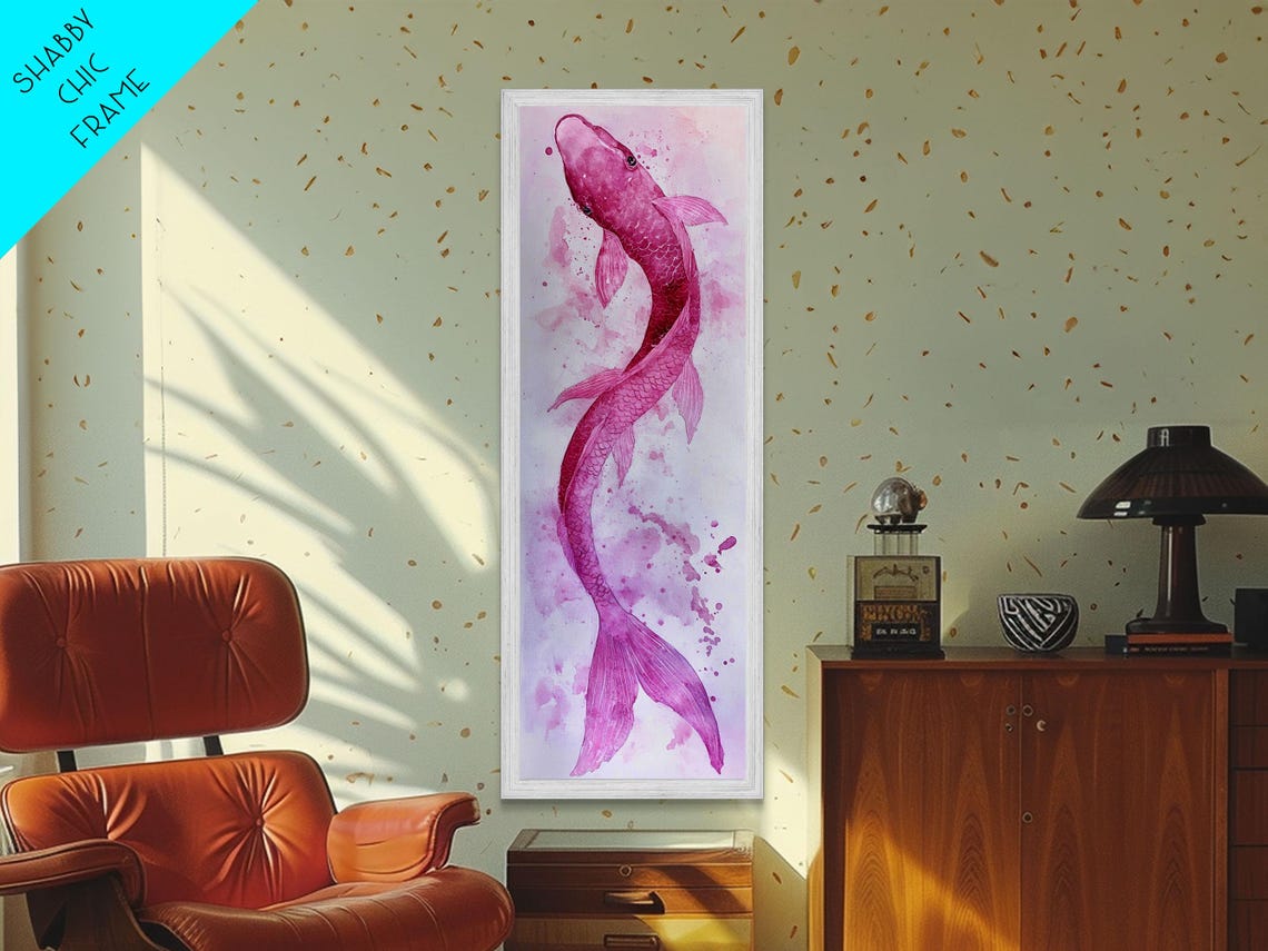 Pink Koi Fish Swimming Upward Watercolor Japanese Peaceful Wall Art - Image 3