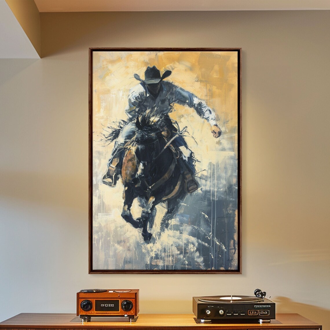 Cowboy Riding Bucking Horse Golden Abstract Western Art Poster - Image 5