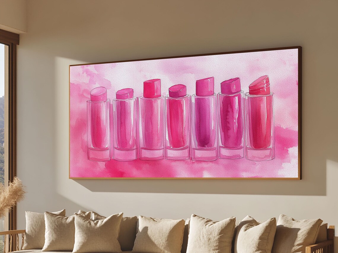 Pink Lipstick Row Watercolor Painting Feminine Glam Makeup Vanity Art Poster - Image 5
