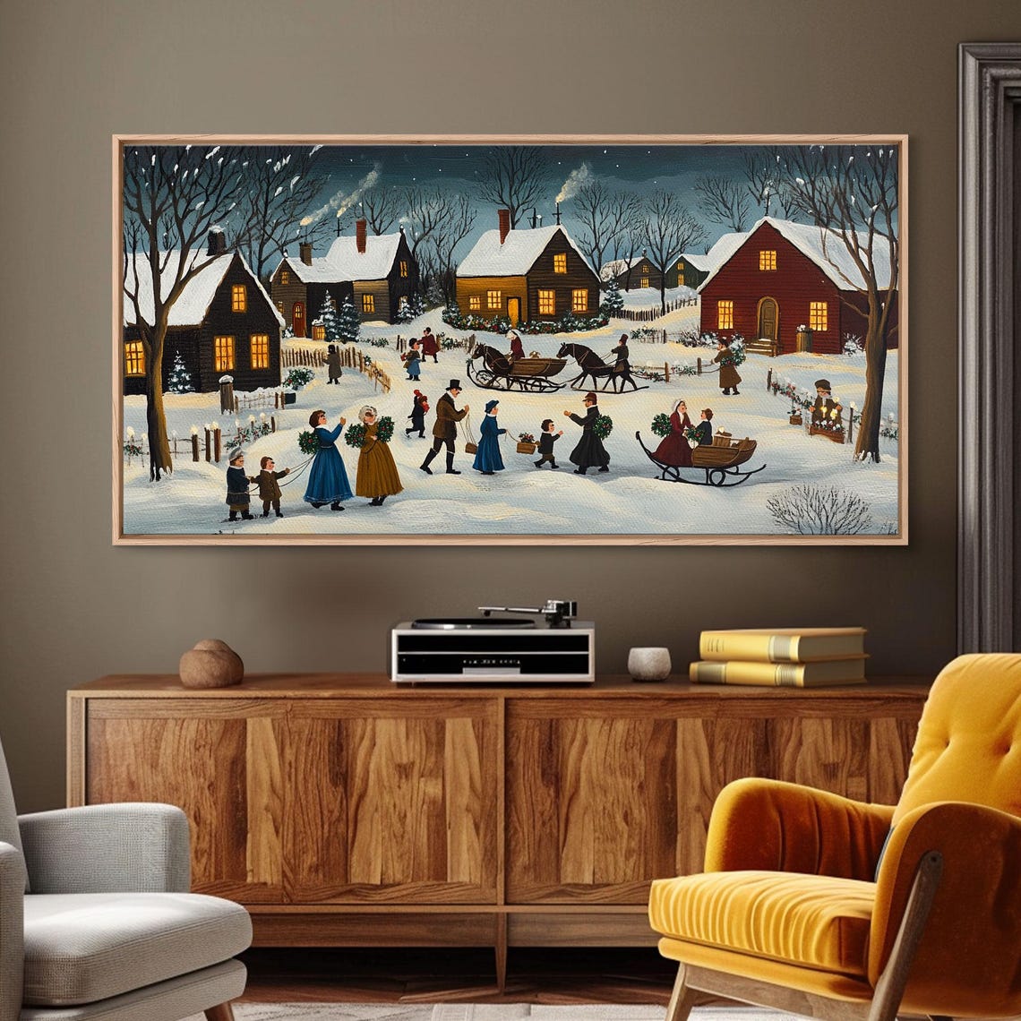 Colonial Christmas Village Sleigh Rides Folk Art Night Winter Print - Image 6