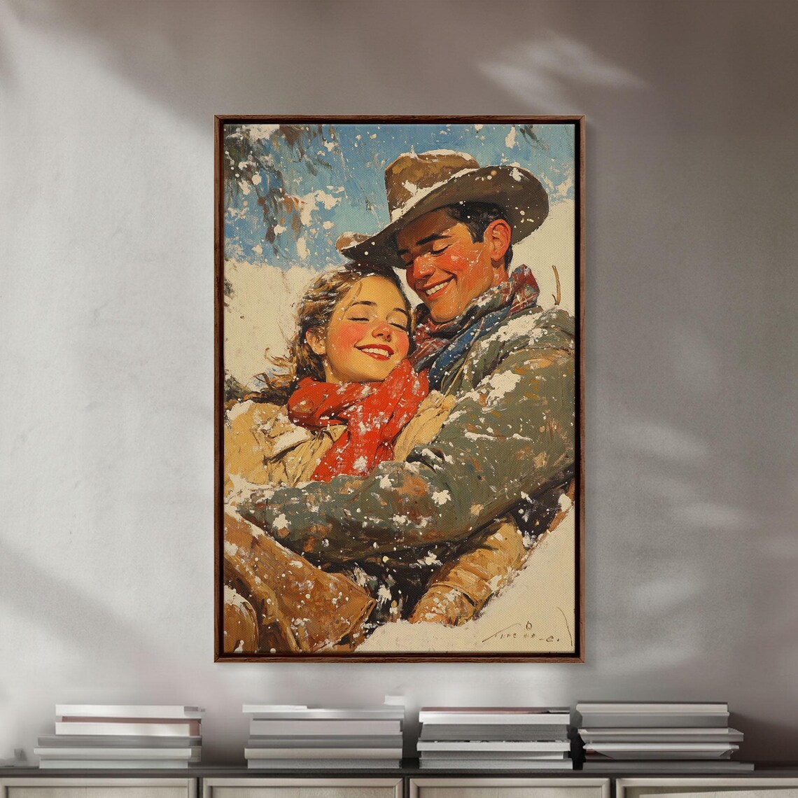 Snowy Couple Embrace Retro Christmas Art Print - Image 5