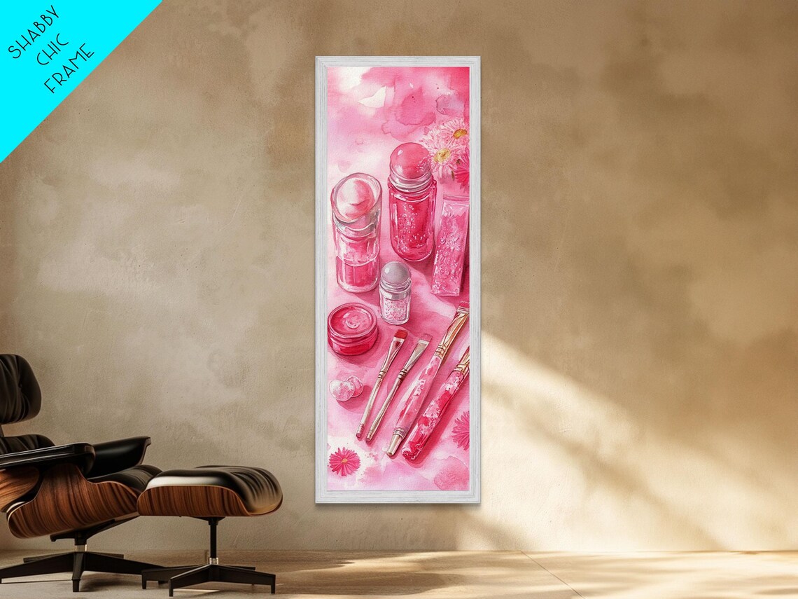 Pink Beauty Essentials Watercolor Makeup Brushes And Bottles Wall Art - Image 6