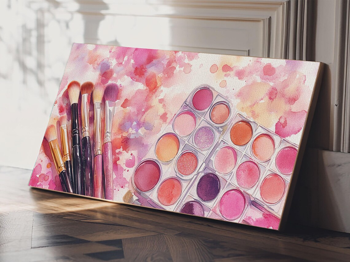 Pink Makeup Brushes And Eyeshadow Palettes Watercolor Beauty Poster - Image 3