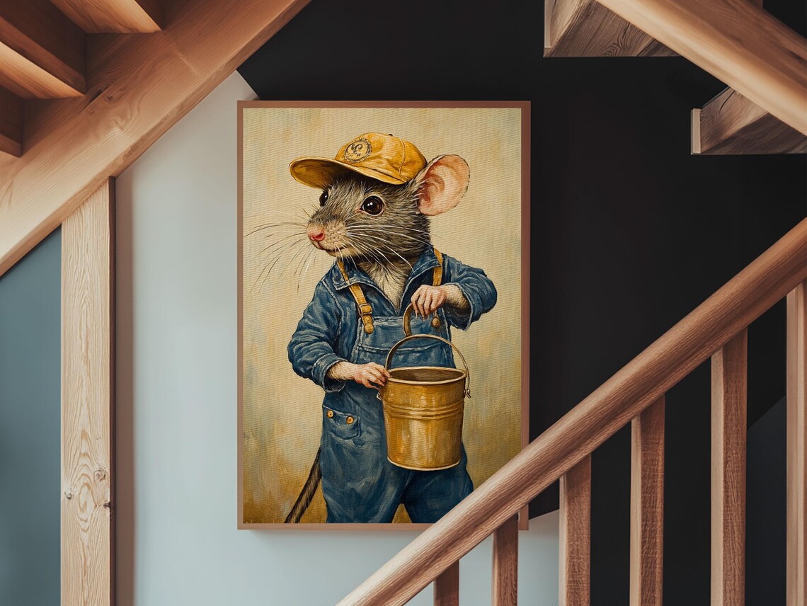 Cute Rat Handyman Overalls Bucket Whimsical Storybook Animal Art Print - Image 6