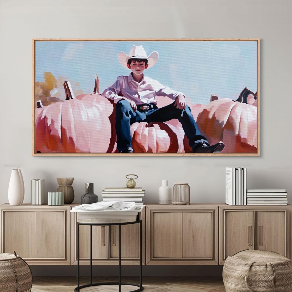 Little Cowboy In White Hat Sitting On Giant Pink Pumpkins Retro Poster - Image 4
