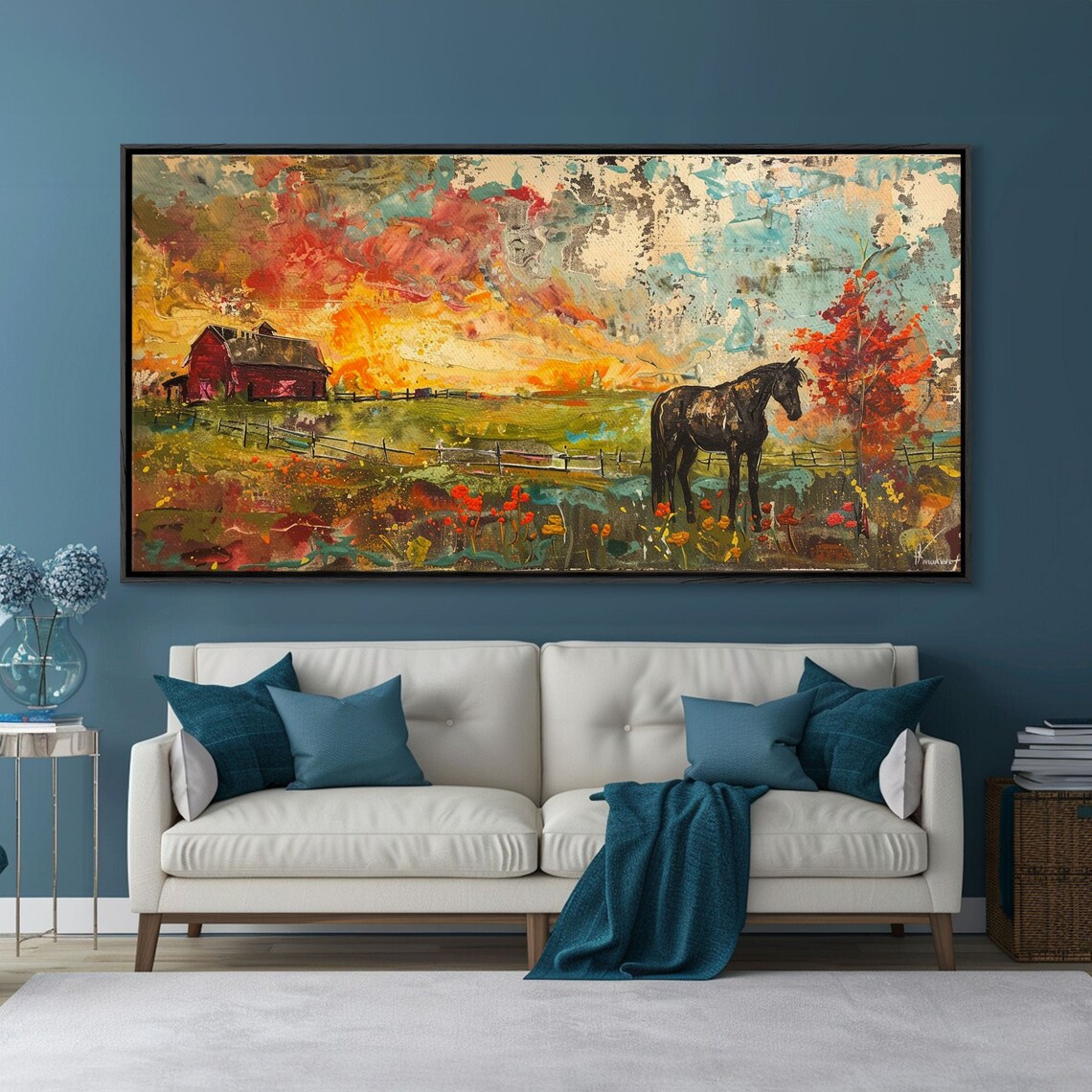 Black Horse Autumn Field Red Barn Colorful Sky Farm Painting Poster - Image 4