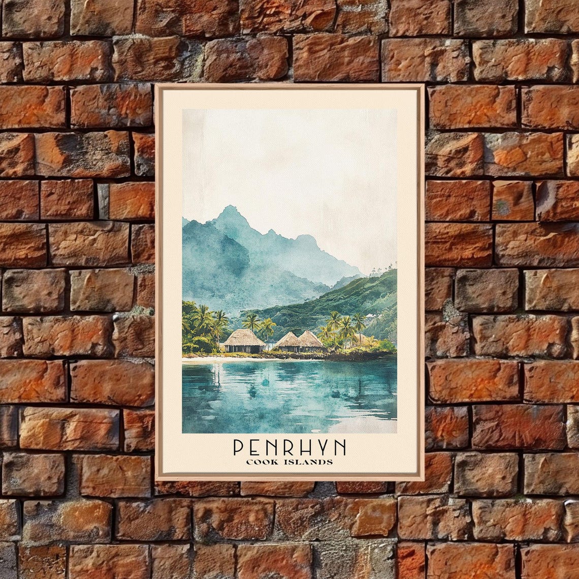 Penrhyn Cook Islands Lagoon Thatched Huts Misty Mountain Travel Poster - Image 4