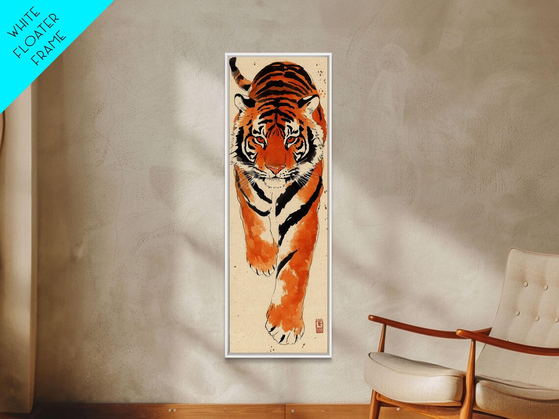 Bold Orange Tiger Striding Forward Intense Gaze Ink Watercolor Art Poster - Image 6