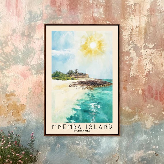 Mnemba Island Tanzania Watercolor Beach Print Vacation Gift Tanzania Wall Art Framed Print Framed Beach Painting