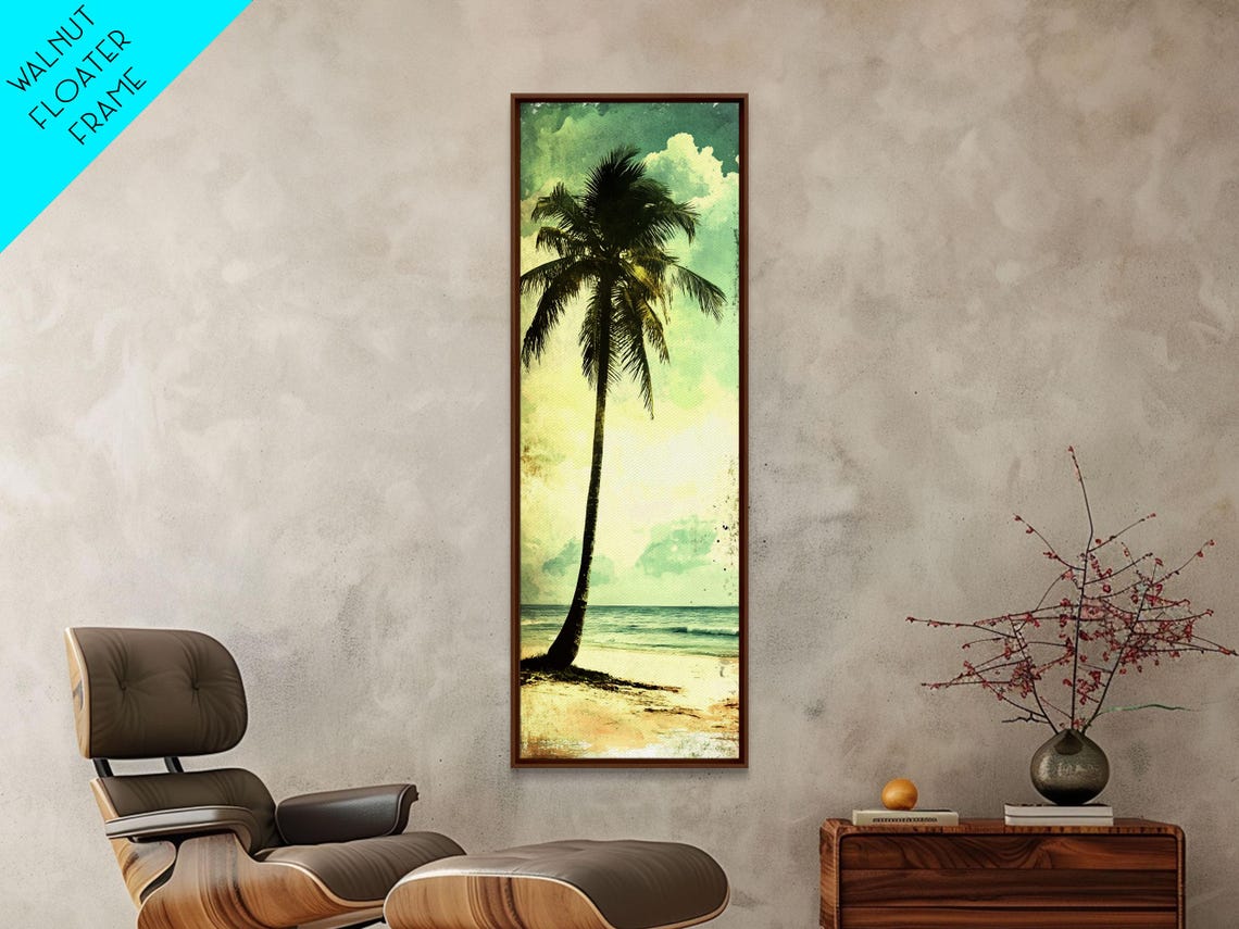 Tall Palm Tree Beach Vintage Green Coastal Waves Surf Wall Art