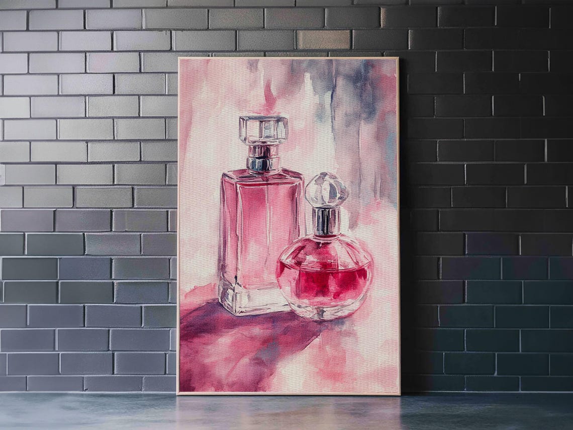 Pink Perfume Bottles Duo Feminine Watercolor Vanity Wall Art Print - Image 2
