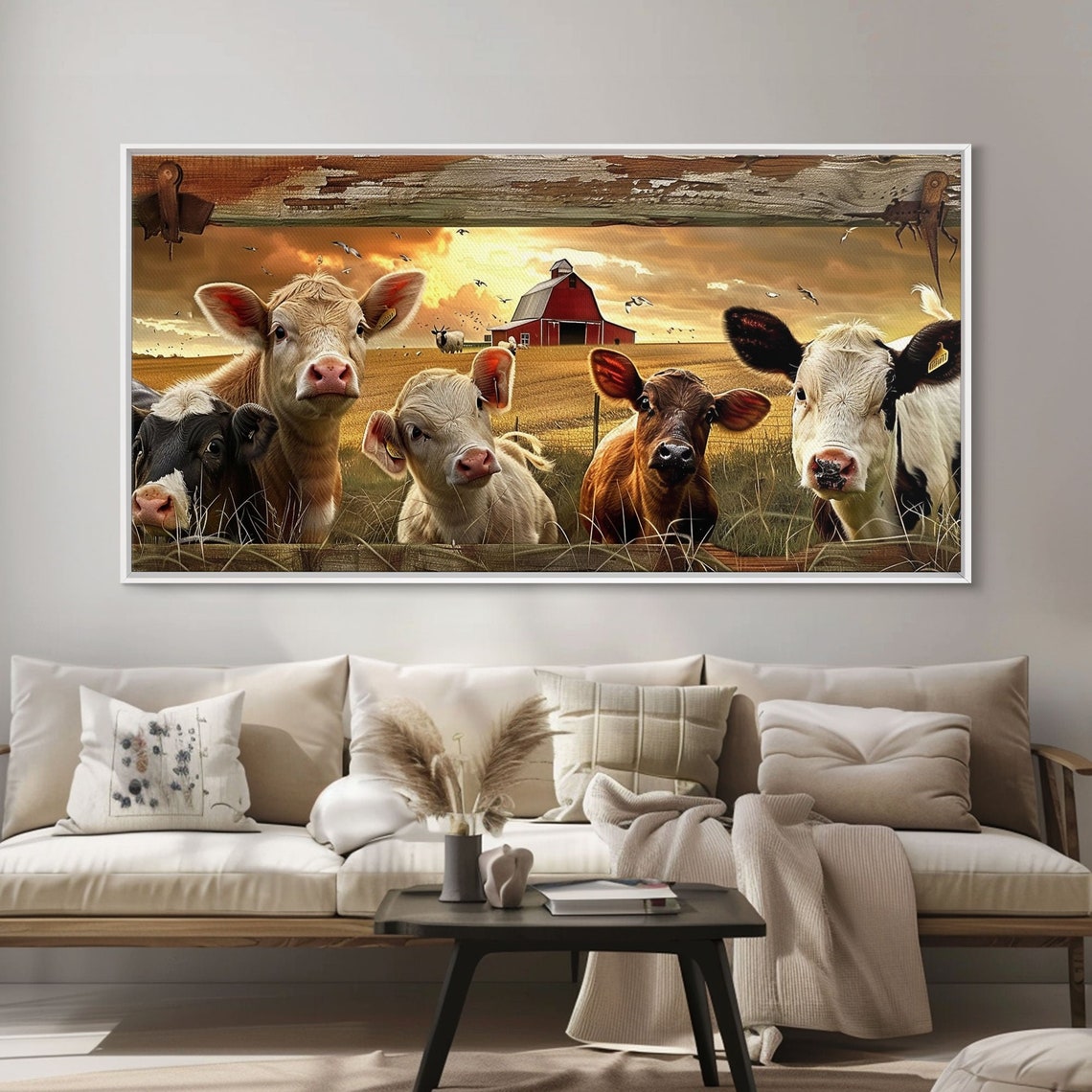 Cute Calves Peeking Fence Red Barn Sunset Farmyard Wall Art Poster - Image 2