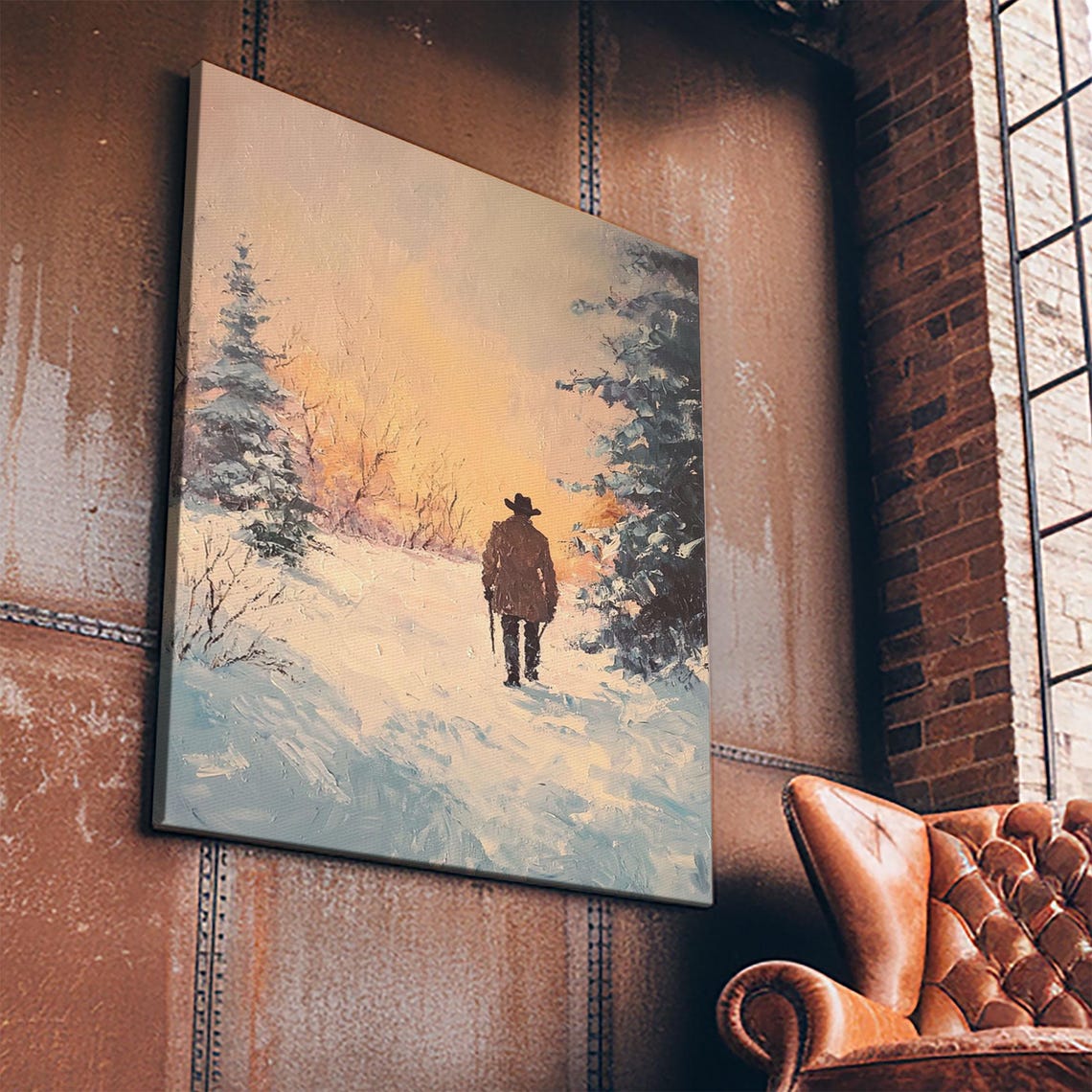 Lone Cowboy Walking Into Snowy Forest Glowing Winter Sunset Poster - Image 3