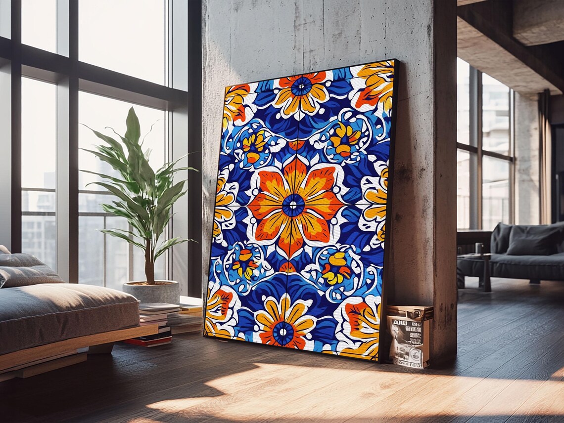 Mexican Talavera Tile Pattern Blue Orange Floral Folk Vibrant Art Poster - Image 6
