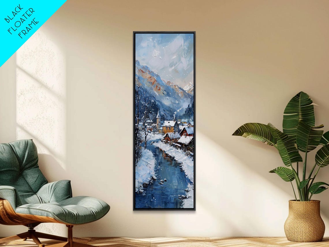 Snowy Winter Village By Frozen River Impasto Alpine Mountain Poster