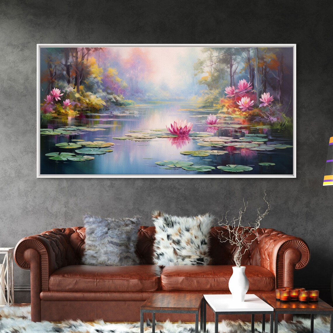 Pink Water Lilies Lotus Pond Misty Forest Impressionist Floral Wall Art Poster