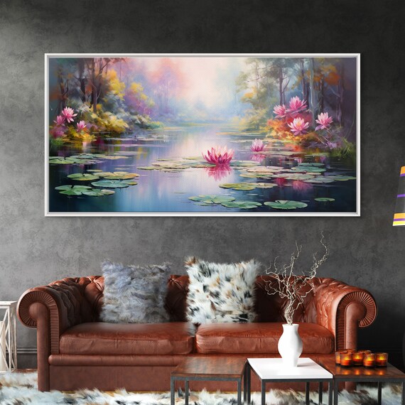 Pink Water Lilies Lotus Pond Misty Forest Impressionist Floral Wall Art Poster