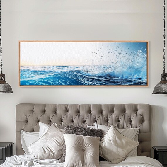 Ocean Wave Splash Bright Blue Sea Spray Coastal Panoramic Seascape Wall Art Print