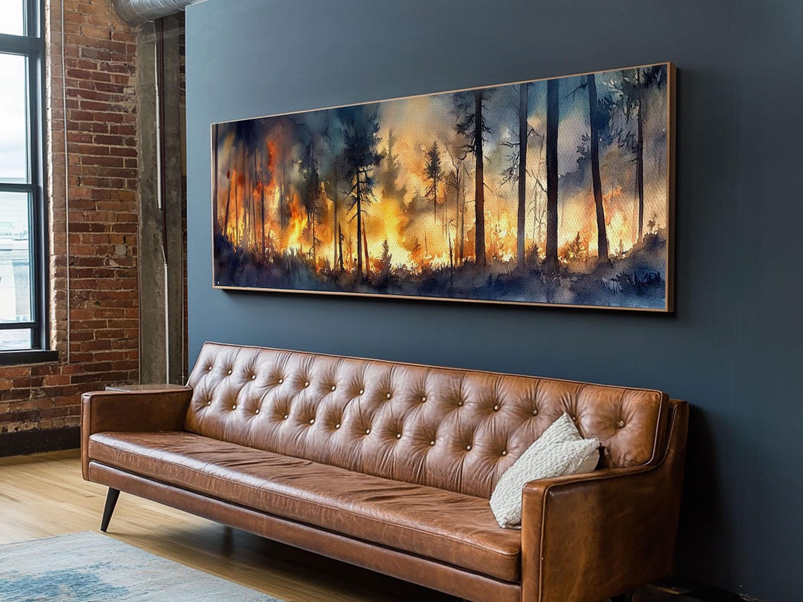 Forest Fire Burning Between Dark Pines Moody Watercolor Poster - Image 2