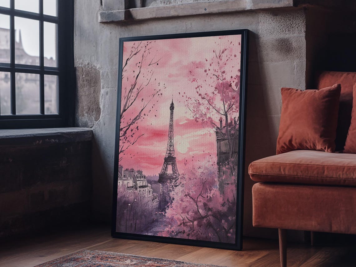 Paris Eiffel Tower With Cherry Blossoms Pink Romantic Cityscape Print - Image 3