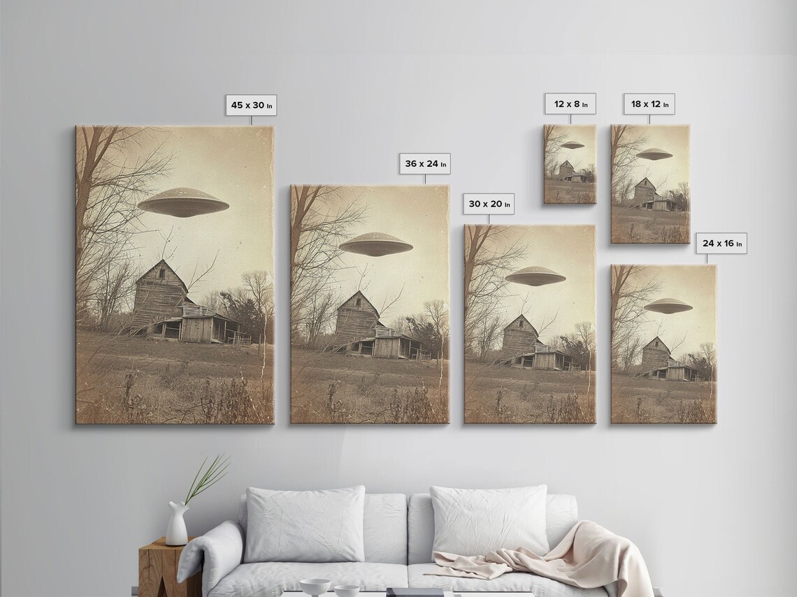 Vintage UFO Flying Saucer Old Barn Sepia Mystery Art Wall Print - Image 2