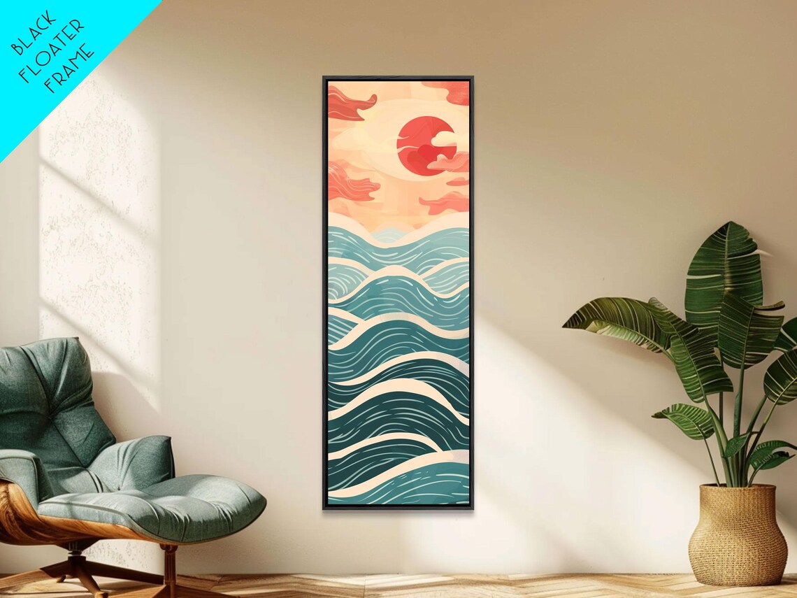 Red Sun Over Layered Teal Ocean Waves Japanese Seigaiha Style Tall Poster - Image 4