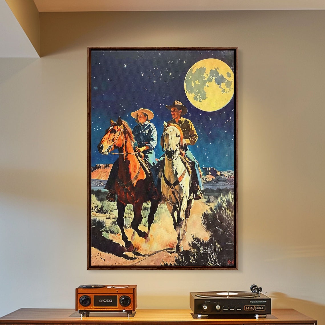 Vintage Cowboy Couple Riding Under Full Moon Night Sky Western Poster - Image 3
