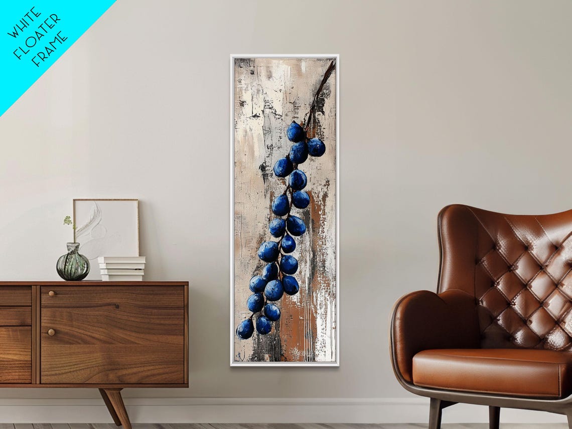 Blue Berries Branch Modern Abstract Still Life Neutral Wall Art