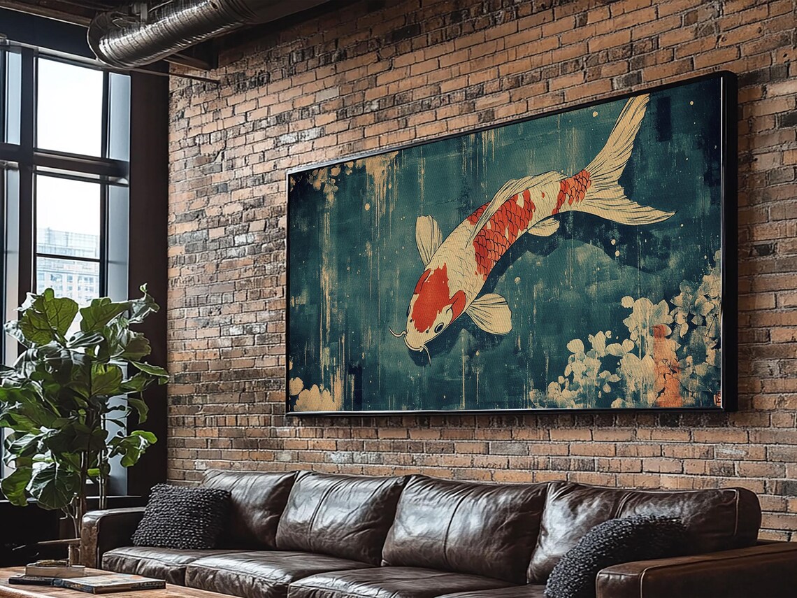 Single Red And White Koi Swimming Dark Teal Japanese Painting Wall Art - Image 6