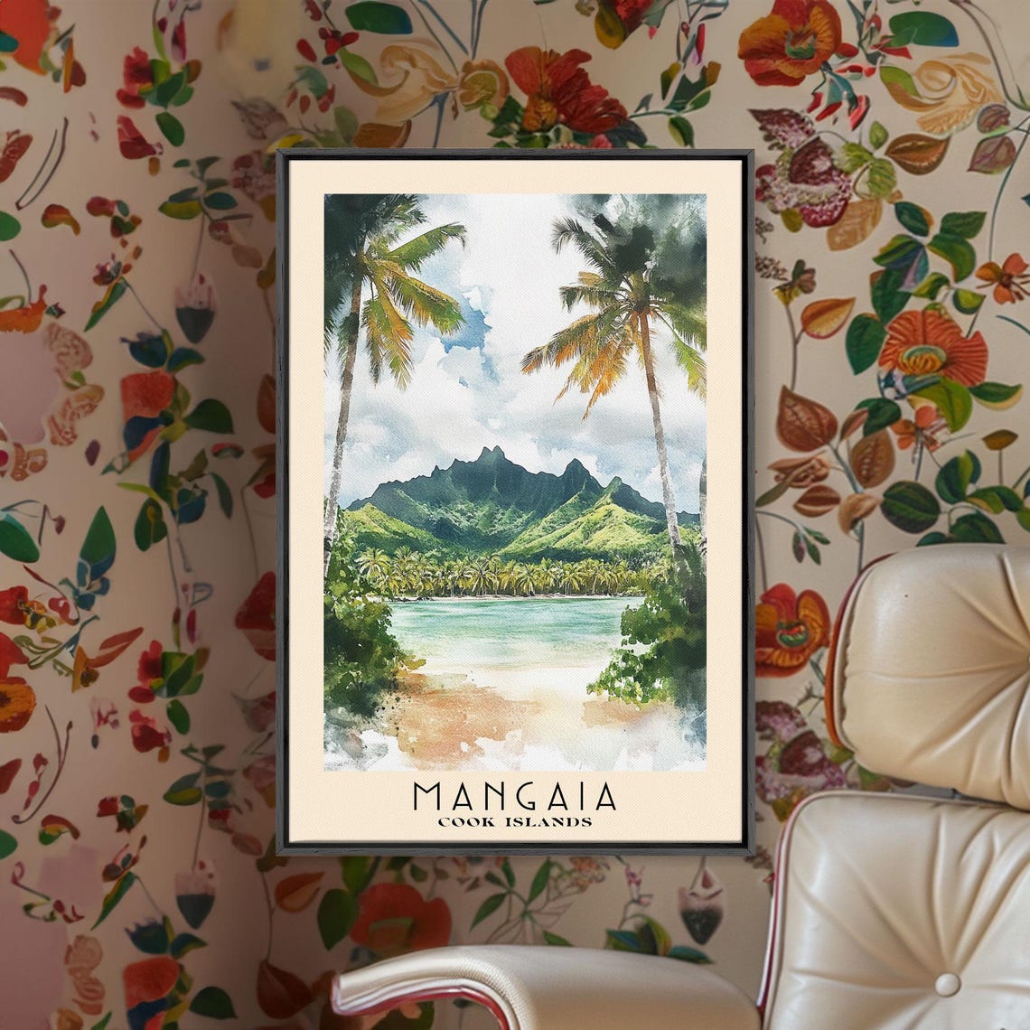 Mangaia Cook Islands Palm Framed Lagoon Volcanic Peaks Poster - Image 2