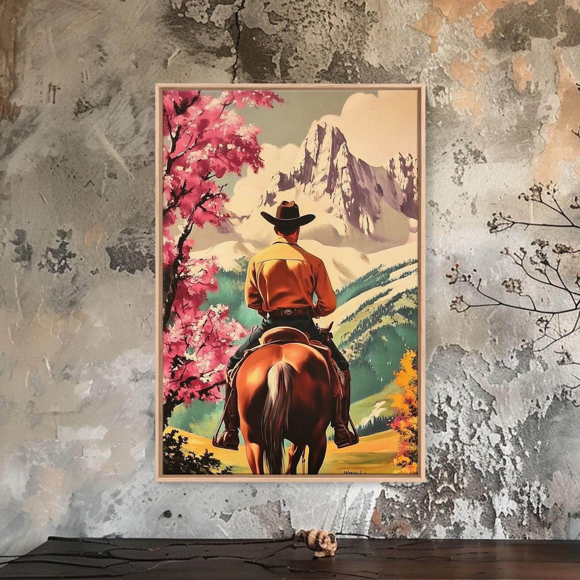 Cowboy Riding Past Pink Flowering Trees Rocky Mountain Meadow Poster