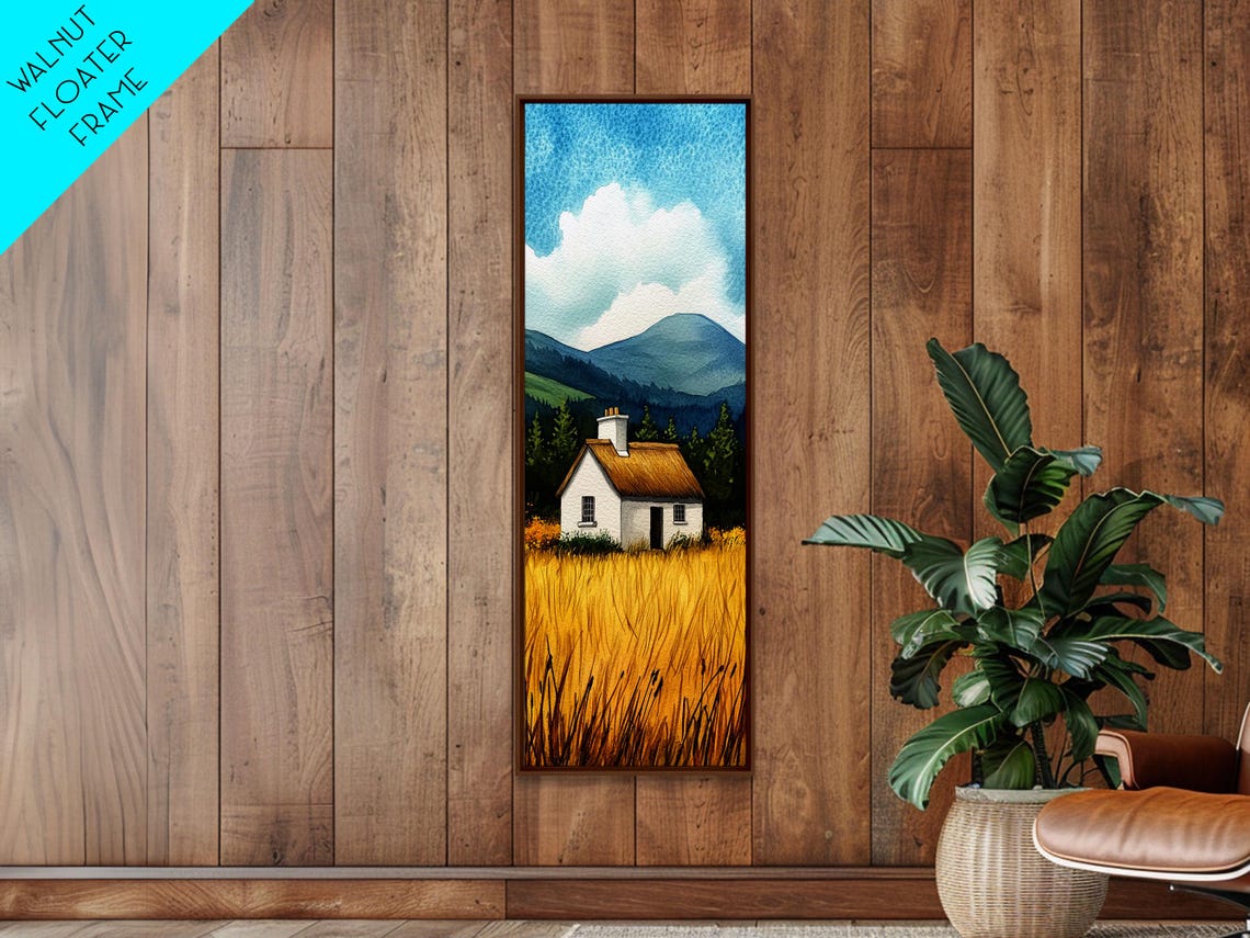 White Cottage in Golden Wheat Field Mountains Blue Sky Wall Art