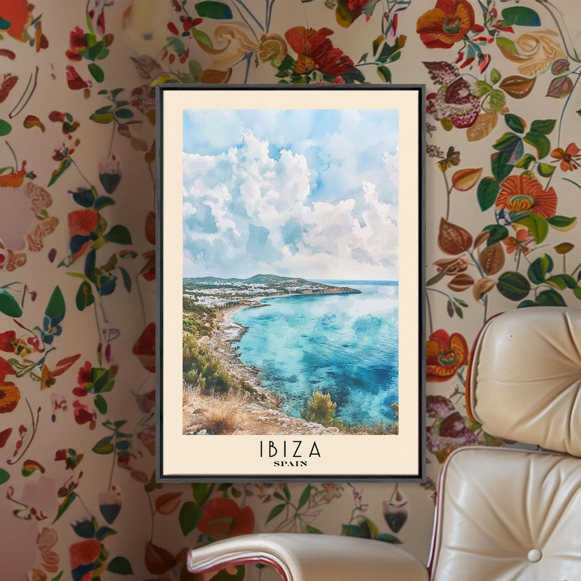 Ibiza Spain Mediterranean Coastline Aerial Bay View Watercolor Poster - Image 2