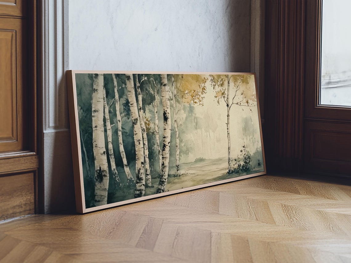 Misty Birch Forest Watercolor Green Gold Abstract Trees Painting Print - Image 5
