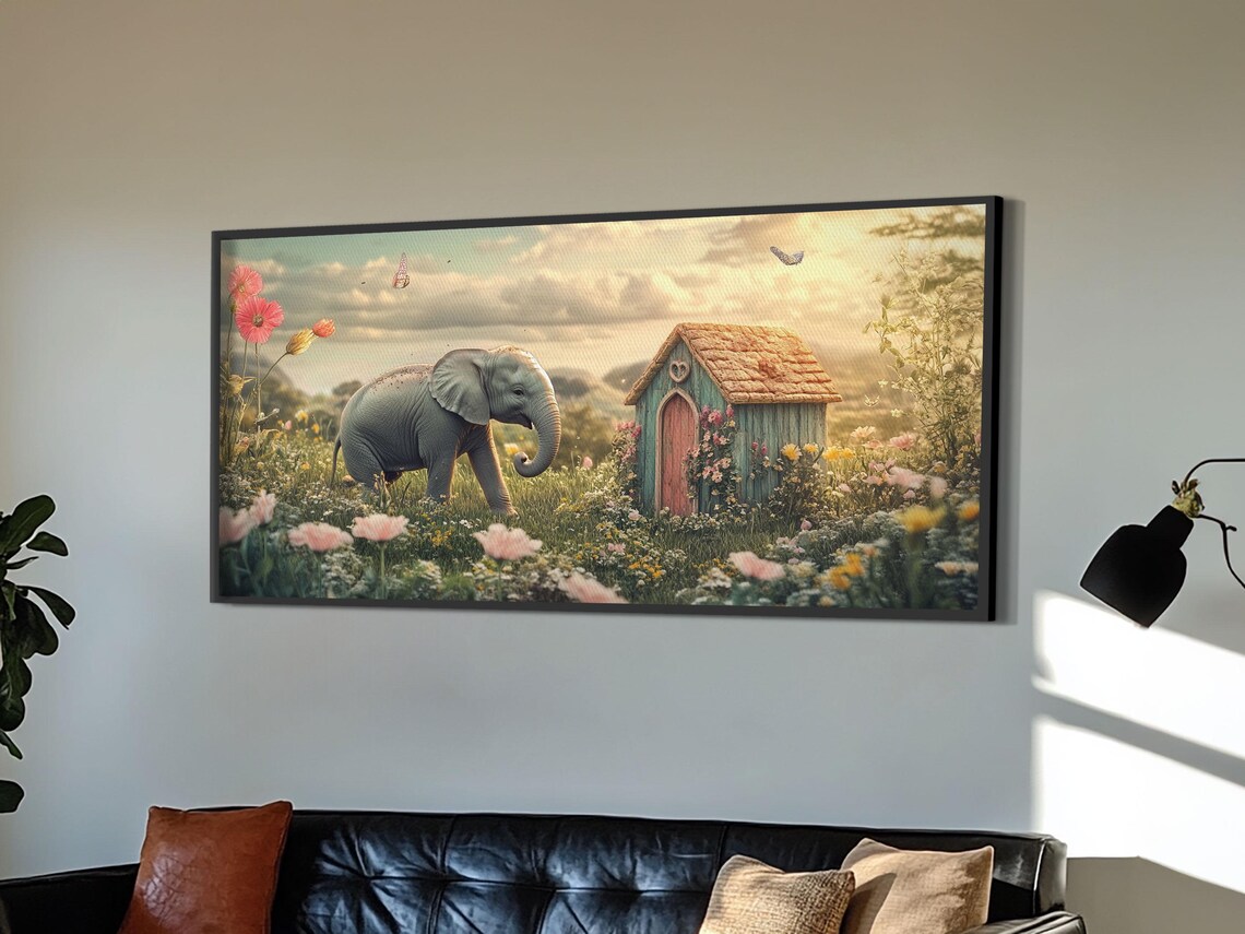 Baby Elephant Flower Meadow Cottage Pastel Whimsical Nursery Wall Art Poster - Image 2