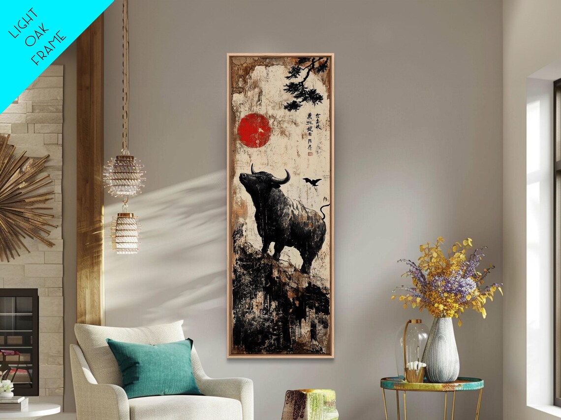 Black Buffalo Under Red Sun Japanese Ink Wash Rustic Wall Poster - Image 3