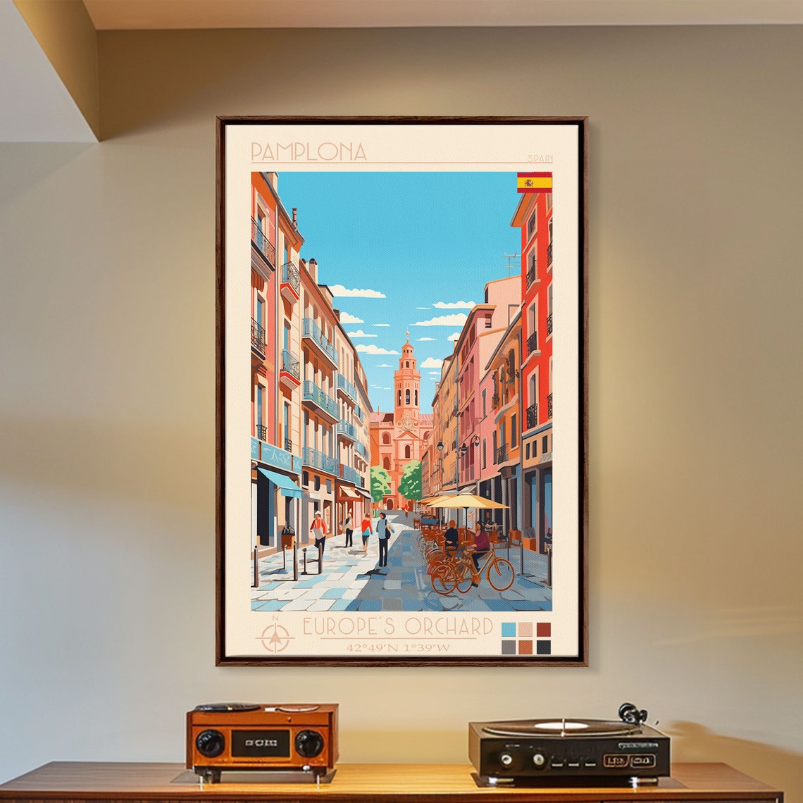 Pamplona Spain Old Town Street Church Tower Cyclists Travel Poster