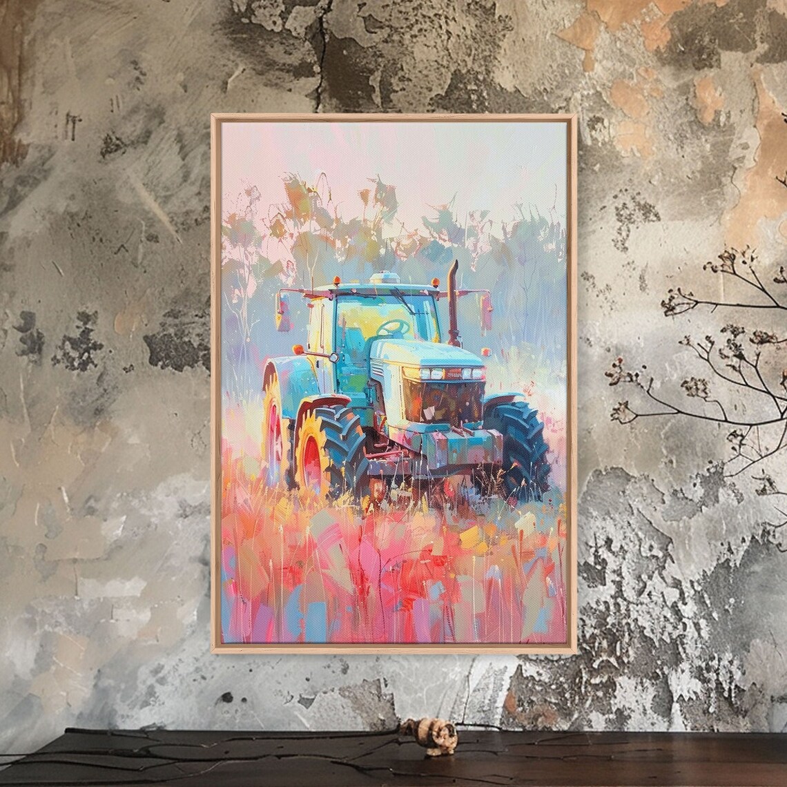 Tractor In A Colorful Meadow At Sunrise Pastel Farm Landscape Poster - Image 4