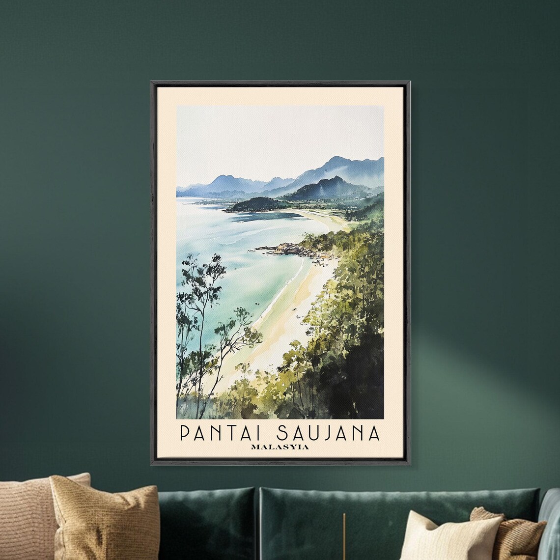 Pantai Saujana Malaysia Green Hills Bay Watercolor Scenic Travel Poster - Image 5