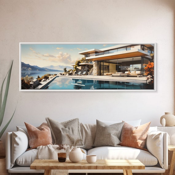 Midcentury Modern Architecture Painting Framed Print Beautiful Mcm House On Lake Tahoe Livingroom Centerpiece Wall Art