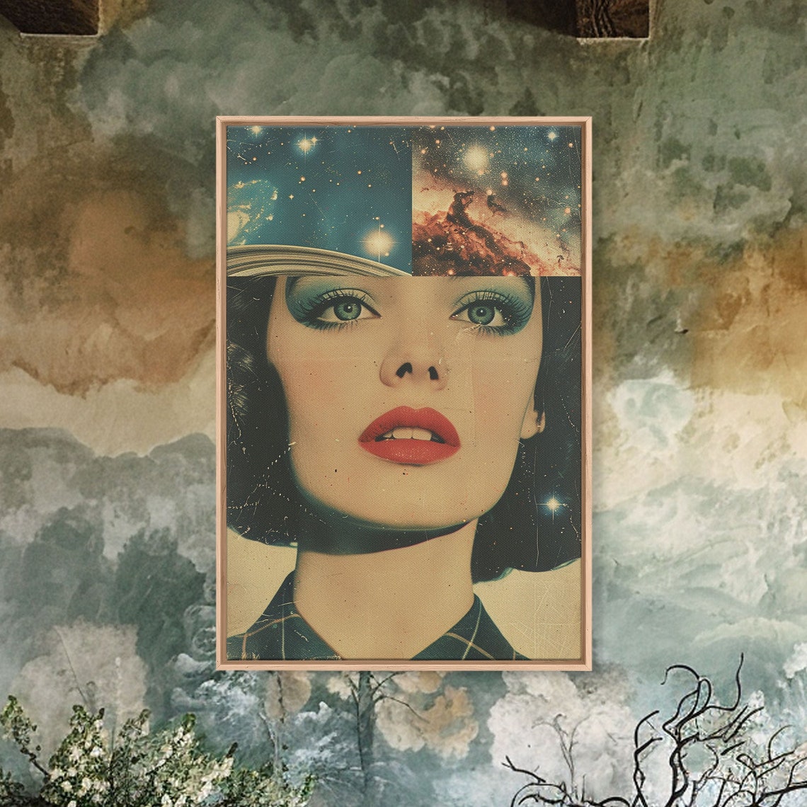 Retro Cosmic Woman Portrait Poster Vintage Outer Space Galaxy Art