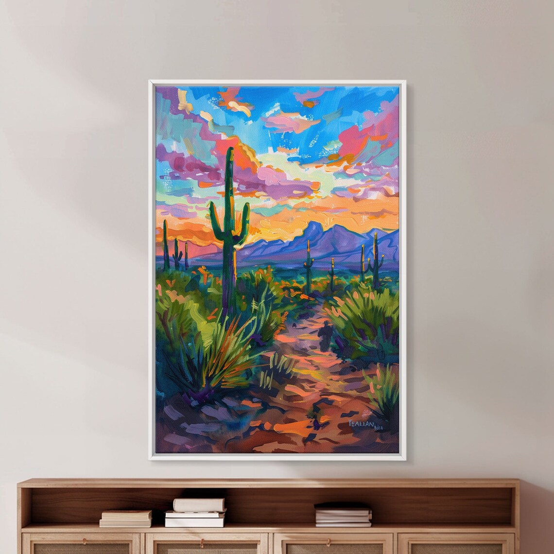 Framed Print Sunset Over Desert With Cacti Stunning Wall Art For Living Room Or Bedroom Decor