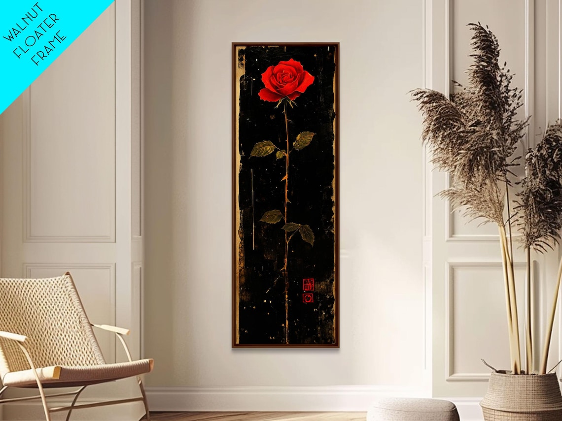 Red Rose on Black Vintage Distressed Floral Gothic Dark Wall Art