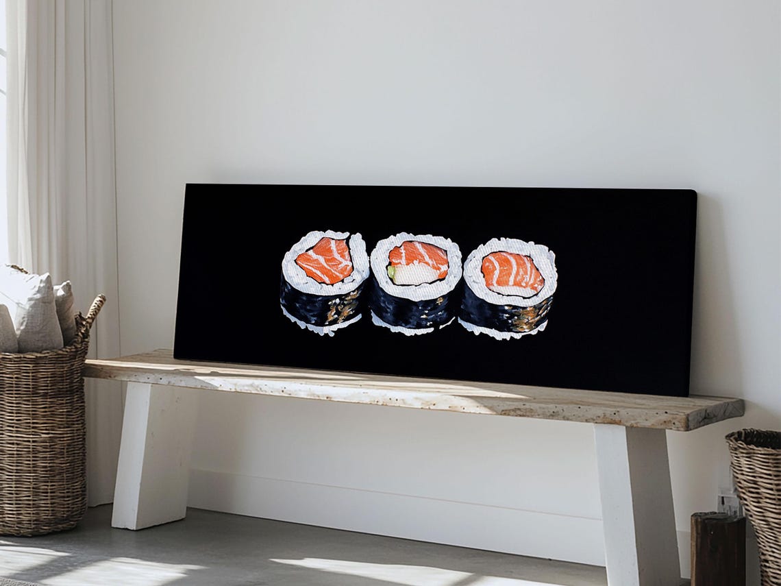 Salmon Sushi Maki Rolls Black Background Panoramic Kitchen Wall Poster - Image 6