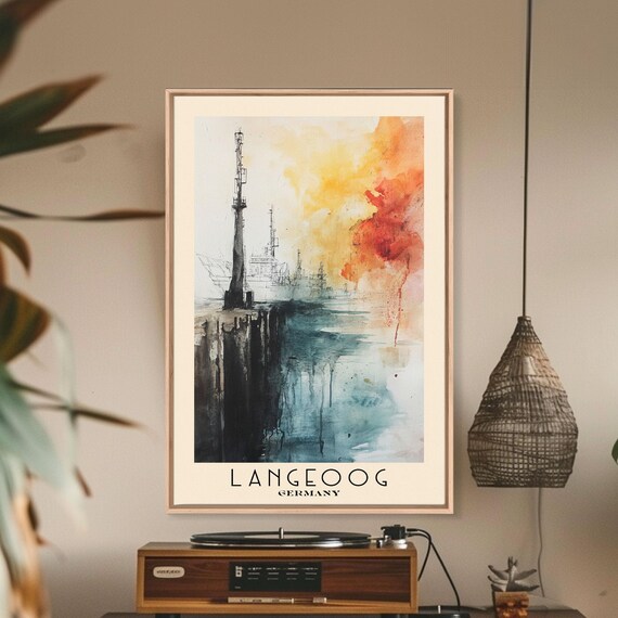 Langeoog Germany Harbor Ship Sunset Ink Wash Watercolor Poster