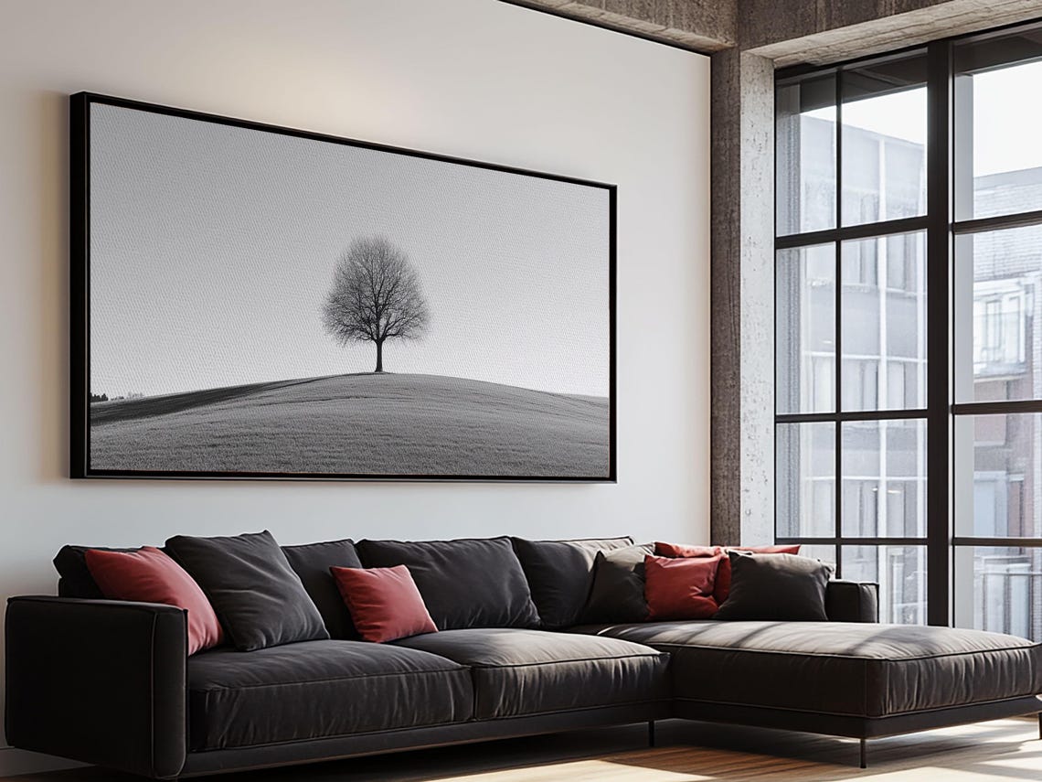 Black And White Lone Tree Hilltop Minimalist Monochrome Art Poster - Image 2