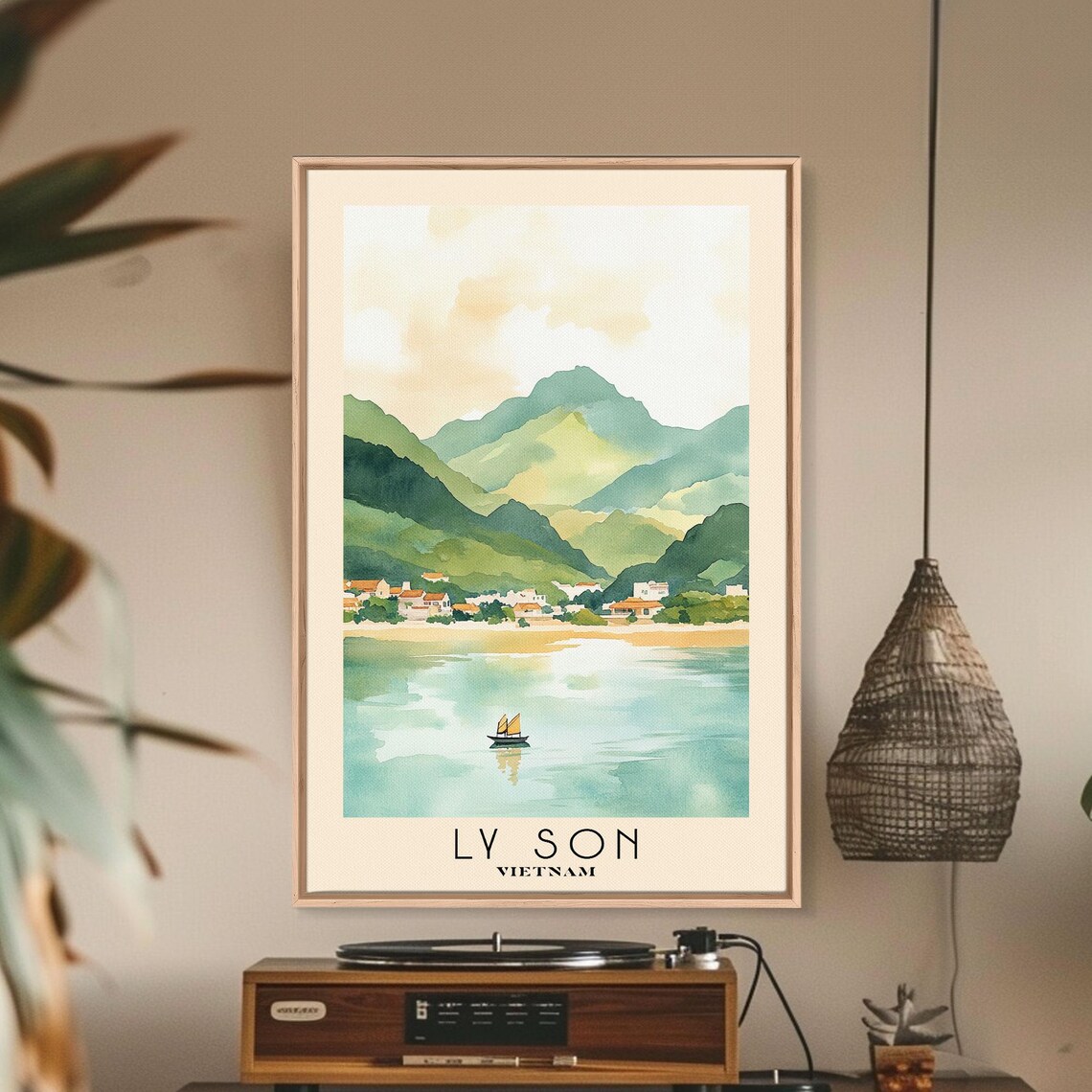 Ly Son Vietnam Sailboat Bay Green Mountain Village Watercolor Poster