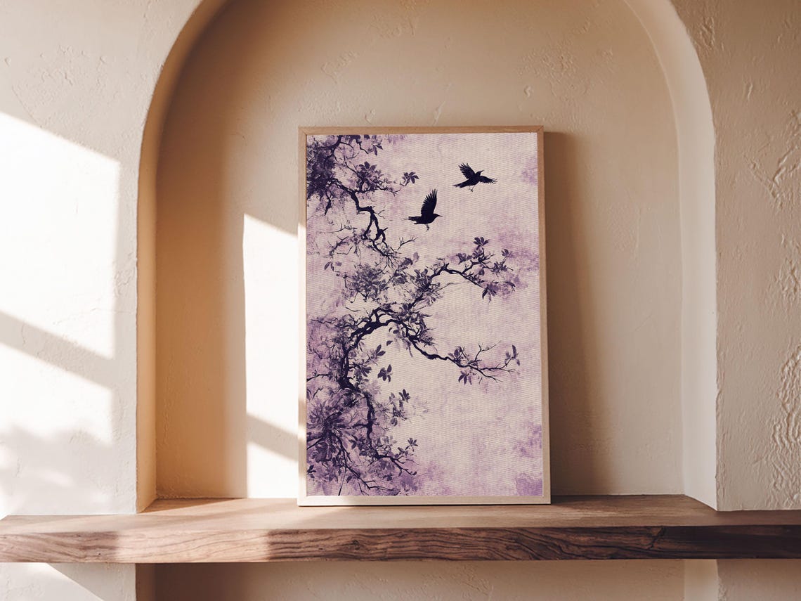 Purple Ink Tree Branches Flying Crows Wabi Sabi Minimalist Art Poster - Image 3