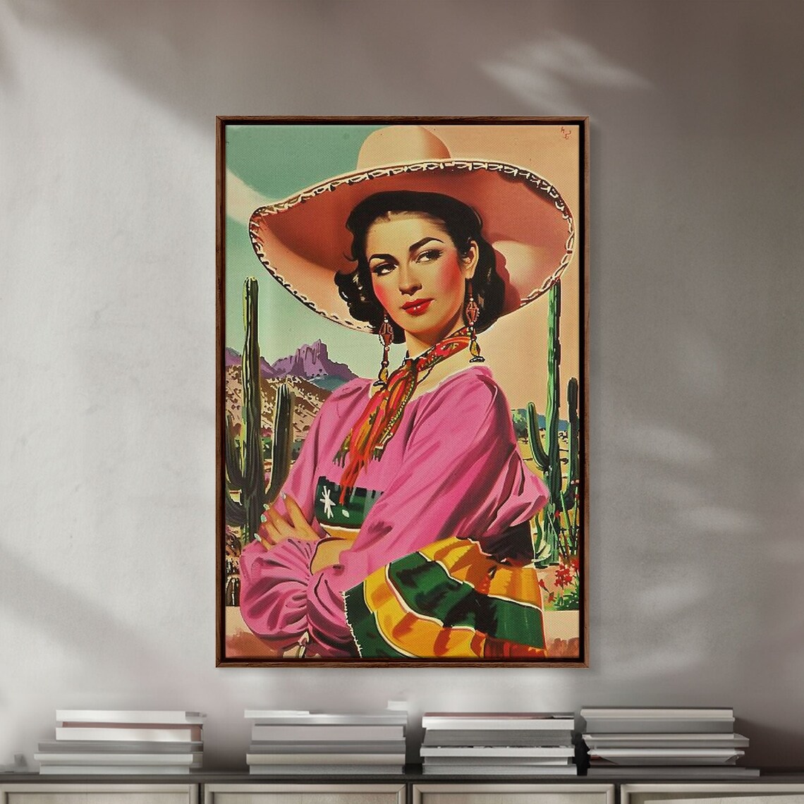 Latina Cowgirl With Cactus Background, Retro Print